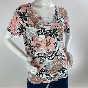 Women’s Large (L) Floral Print BASIC EDITIONS Embellished Short Sleeve Top